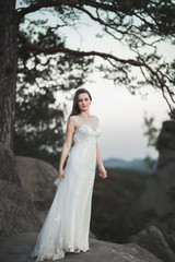 Fototapeta na wymiar Gorgeous bride in elegant dress holding bouquet posing near forest 