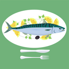 Vector illustration of grill prepared fish with lemon and parsley