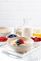 homemade oatmeal with berries for breakfast on white background