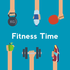 Time for healthy concept flat icons of jogging, gym, food, metrics. Isolated vector illustration and modern design element