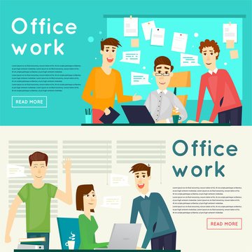 Business characters. Co working people, meeting, teamwork, collaboration and discussion, conference table, brainstorm. Workplace. Office life. Banners. Flat design vector illustration.