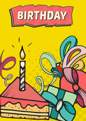 Happy birthday background abstract vector illustration. Party and celebration design cards. Illustration of balloon, gifts, fireworks, ribbon, confetti, cake, pie, drinks. omics style