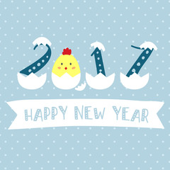 Happy New Year 2017 theme. Year of Rooster. Happy cute chick chicken egg cartoon character design. Season's greetings. Vector Illustration.