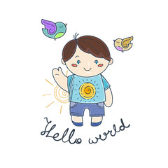 Cute and happy boy say hello.