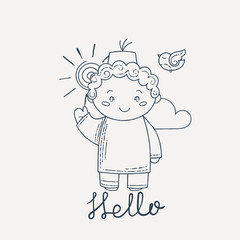 Cute and happy boy say hello.