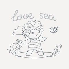 Illustration with a Kid on a Surfboard Riding a Wave