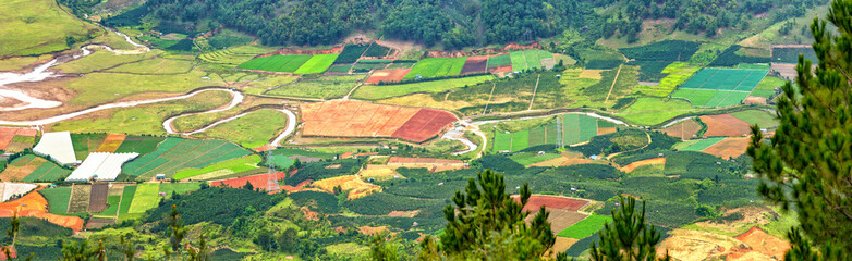 Landscape at Mount Langbiang, below are the vegetable gardens, flower farming food supply for the whole region, place of excursions, central highlands near Dalat, Vietnam