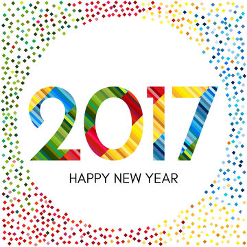 Happy New Year 2017 label with colorful confetti and lines. New Year and Xmas Design Element Template. Vector Illustration.
