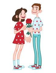 Romantic couple holding hands with flower.