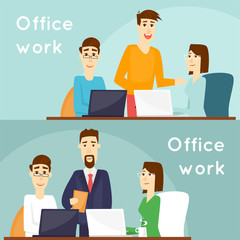 Business characters. Co working people, meeting, teamwork, collaboration and discussion, conference table, brainstorm. Workplace. Office life. Banners. Flat design vector illustration.