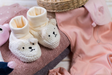 set of fashion trendy clothes and kids stuff for little baby girl