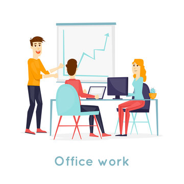Business characters. Co working people, meeting, teamwork, collaboration and discussion, conference table, brainstorm. Workplace. Office life. Isolated background. Flat design vector illustration.