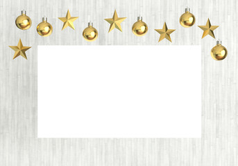 Blank poster with hanging golden balls and stars ornaments on white wooden background. For new year or christmas theme. 3D rendering.
