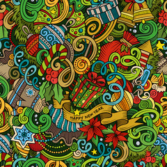 Cartoon cute doodles New Year seamless pattern