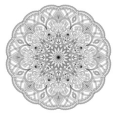 Mandala Okrągły czarno-biały orientalny wzór. Arabski, indyjski, amerykański ornament etniczny, taki jak kolorowanka dla dorosłych, tatuaż, batik, nadruk na koszulce. Ilustracji wektorowych. - 126235775