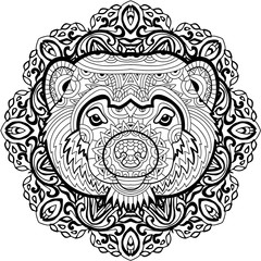 Coloring page for adults. Stern Wolverine on a background of a circular mandala pattern.