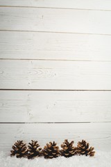 Pine cone decoration on fake snow