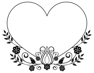 Heart-shaped black and white frame with floral silhouettes.