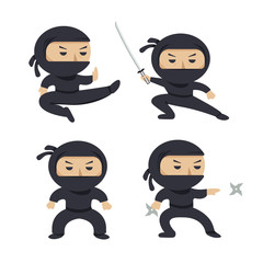 Set of ninja characters showing different actions. Serious ninja with sword running, attacking, throwing star, jumping, kicking, hitting. Flat style vector illustration. © DiBronzino
