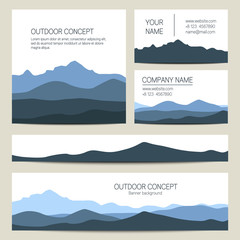 Set of blue mountains backgrounds. Vector templates design for business cards, greeting, prints, web design, invitation and banners. Set of stylish cards in outdoor style.