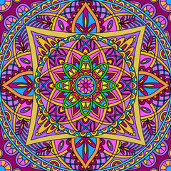 Oriental pattern background. Colored square Arabic, Indian, American, Moroccan ethnic ornament such as adult coloring book, batik, t-shirt print. Mandala. Vector illustration.