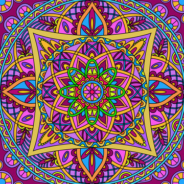Oriental pattern background. Colored square Arabic, Indian, American, Moroccan ethnic ornament such as adult coloring book, batik, t-shirt print. Mandala. Vector illustration.