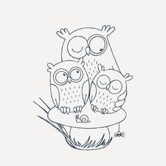 Mama-owl with two sleepy owlets sitting on mushroom