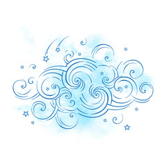 Fototapeta na wymiar Blue dream cloud and shooting stars boho doodle isolated vector