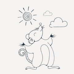 Illustration with a cheerful rat playing under the sun. Coloring page.