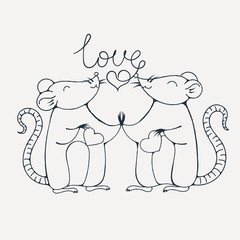 Rats in love. Coloring page.