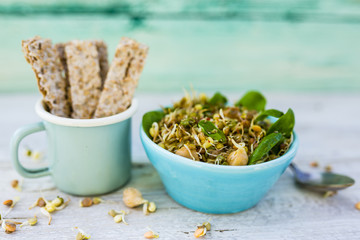 Salad with  fried sprouts and fresh broccoli sprouts. Healthy diet and vegetarian food. 
