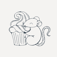 Illustration with cute rat with cupcakes. Coloring page.