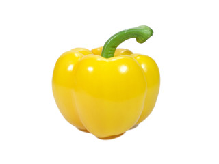 Closed up a ripe vivid yellow bell pepper with green stem isolated on white background