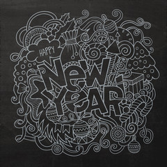 New year hand lettering and doodles elements chalk board backgrond