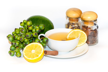 healthy diet food for weight loss. breakfast with fresh avocado, lemon, tea, spices on white background
