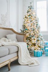 Calm image of interior luxury home living room decorated christmas tree and gifts, sofa covered with blanket. Selective focus