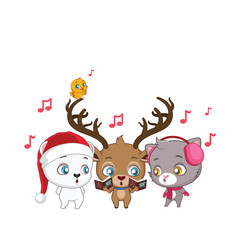 Polar bear, reindeer, cat and bird singing Christmas carols