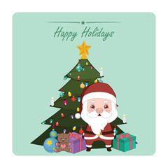 Santa greeting with Christmas tree and presents