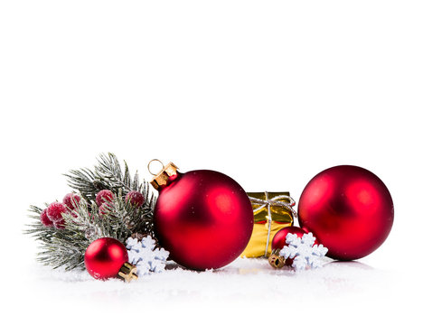 Christmas ball with pine and decorations isolated on white background. Celebration object with free space for your text 