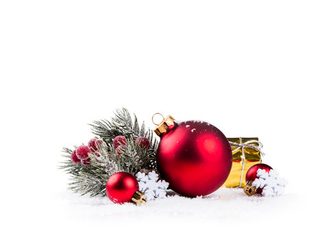 Christmas ball with pine and decorations isolated on white background. Celebration object with free space for your text 