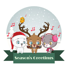 Christmas greeting of a polar bear, reindeer, cat and bird singi
