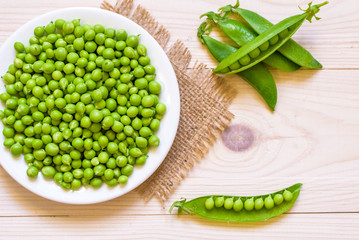 Green peas in white bowl on wooden background, top view or flat
