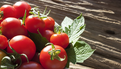 Reife Tomaten auf Holz / Treibholz Hintergrund, Textfreiraum 