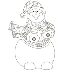 Vector, illustration, of, a, smiling, snowman, with, gift., Isolated, outline, on, white, background.