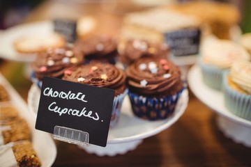 Close-up of chocolate cupcakes at counter