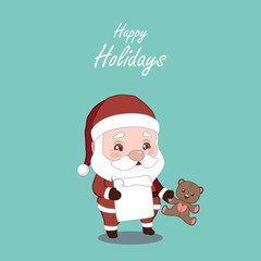 Christmas greeting with Santa holding a plush teddy bear and a l
