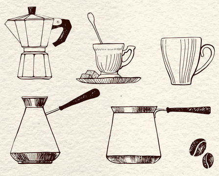 Set coffee dishes: coffee pot, traditional coffee pot, cups and coffee beans. For coffee house, restaurant menu. Vector image