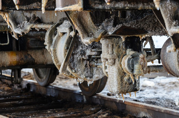 Train rusty wheels covered by salt of Baskunchak lake, Russia. It is stains on railroad carriage's surface . Close-up shot.