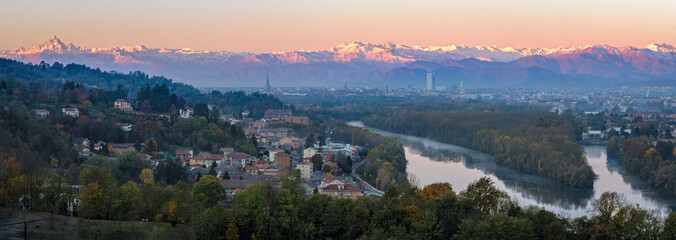 Turin (Torino) high definition panorama on the city skyline and Monviso at sunrise
