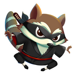 Ninja KungFu Raccoon isolated on White Background. Video Game's Digital CG Artwork, Concept Illustration, Realistic Cartoon Style Background and Character Design   © info@nextmars.com